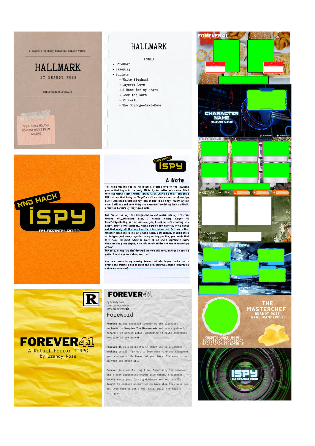 collage of several excerpts of design work, for both game books and streaming kits